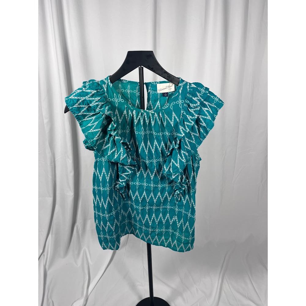 Universal Thread Green Embroidered Ruffle Sleeve Top Size S Boho Cotton Blouse
